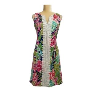 Pappagallo Pink Green Lace Neckline Tropical Floral Dress  LNC
